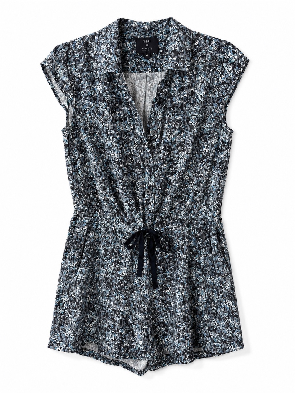 Sea New York Silk Floral Romper Size 4 Blue Gray Drawstring